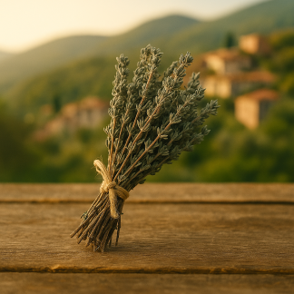 Hand-picked organic thyme bundles on a rustic board with Airole hillside in soft focus – U Vielu.